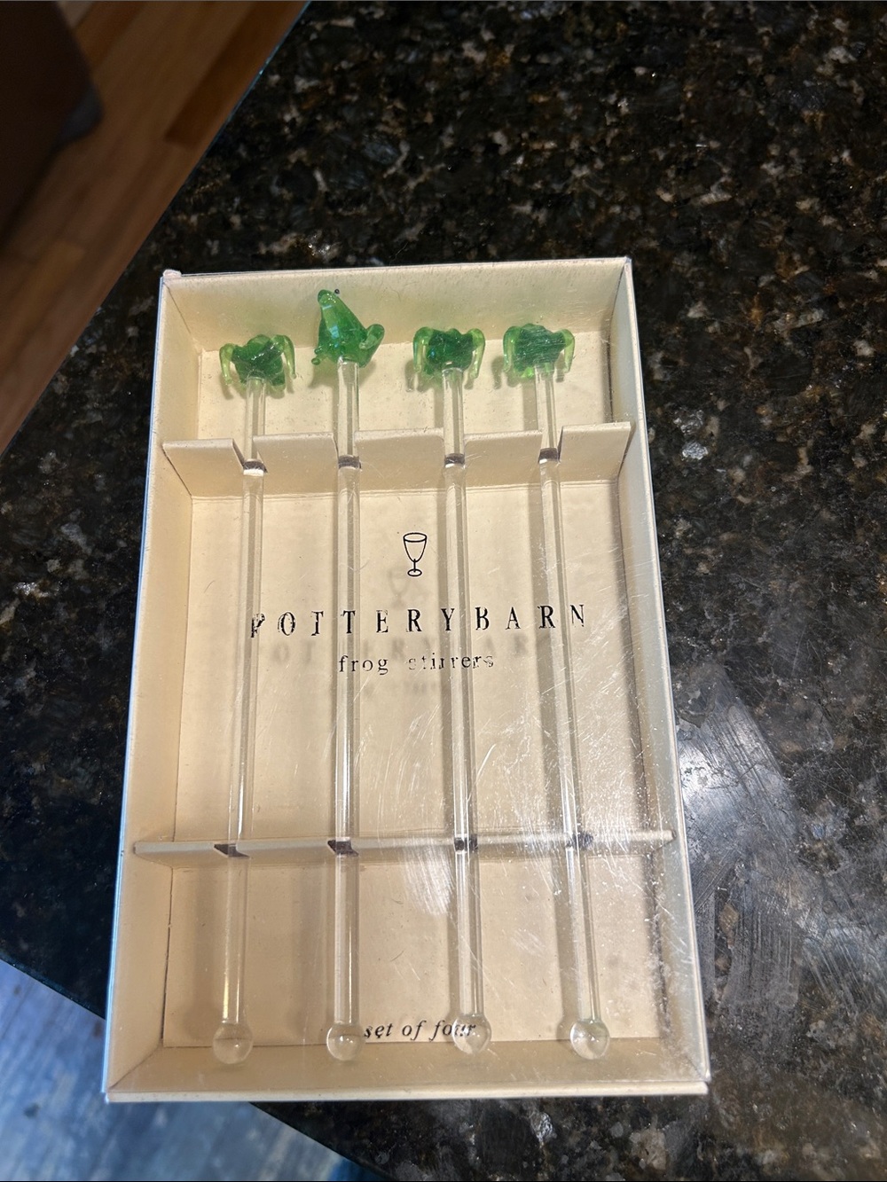 Pottery Barn Clear Stirrers with Green Frog Toppers - Set of 4